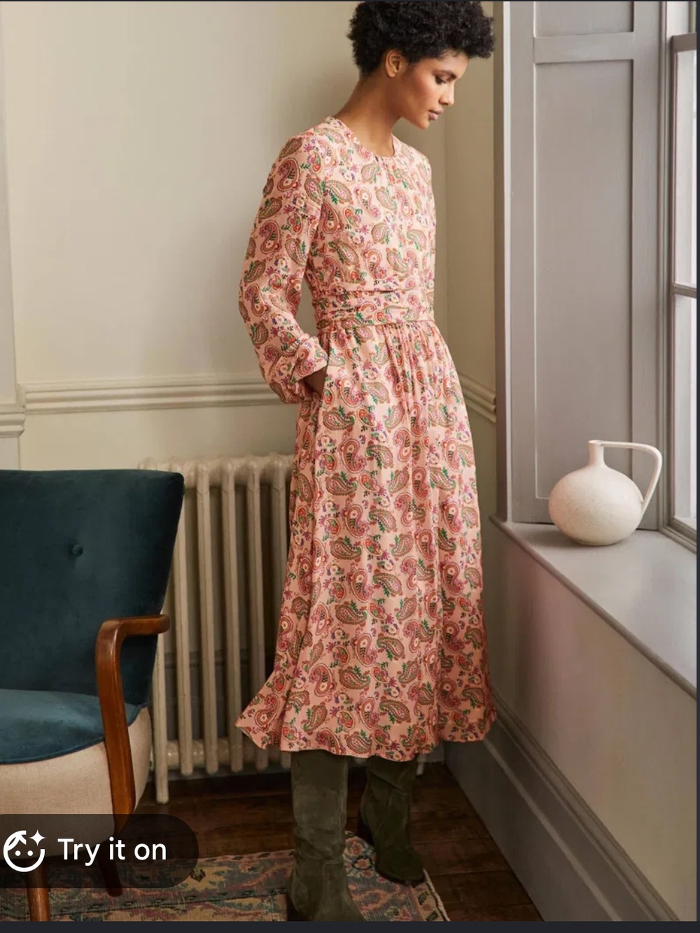 Boden Long Sleeve Pink Paisley Midi Dress